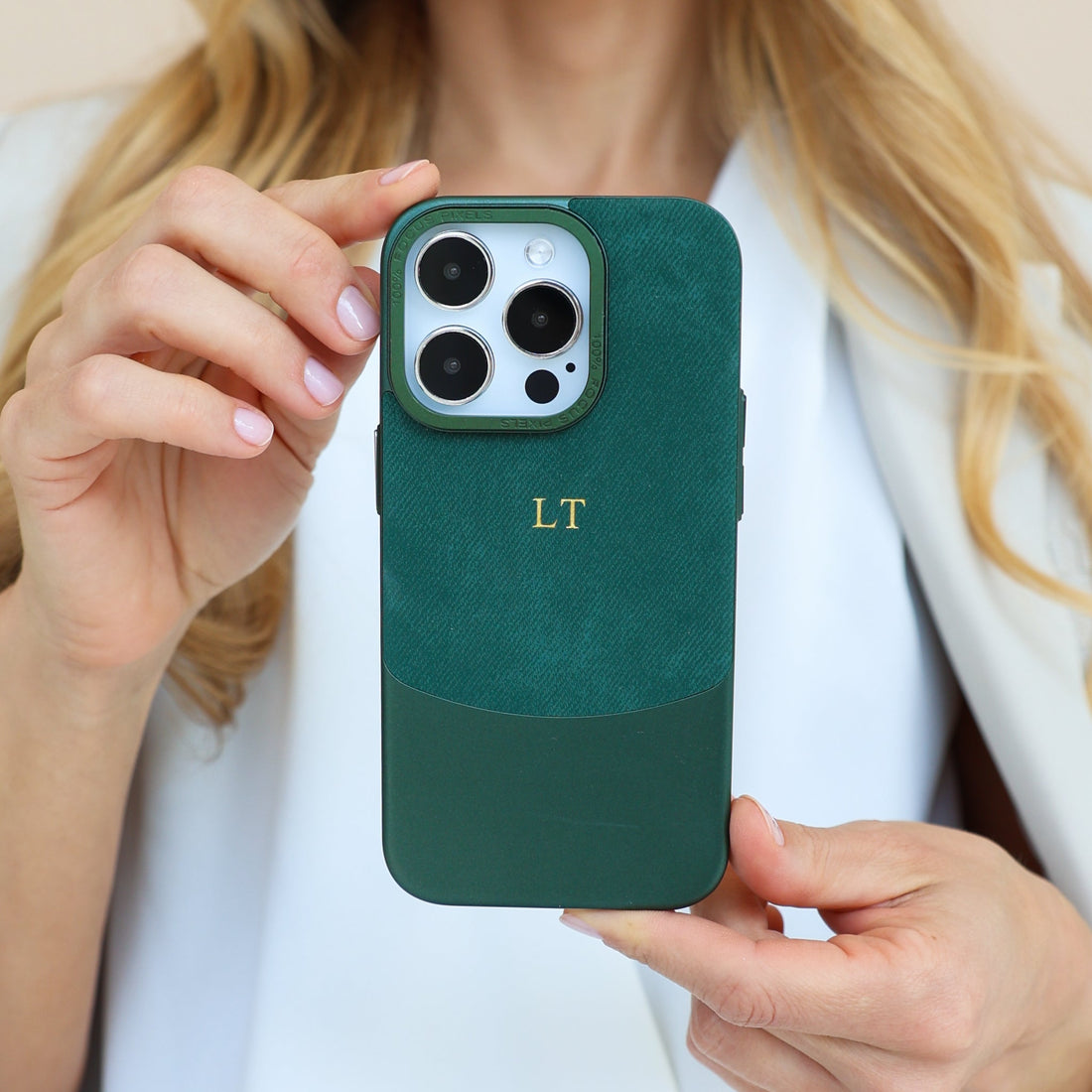 Green Two - Tone Monogrammed Leather iPhone Case - Snap Bands