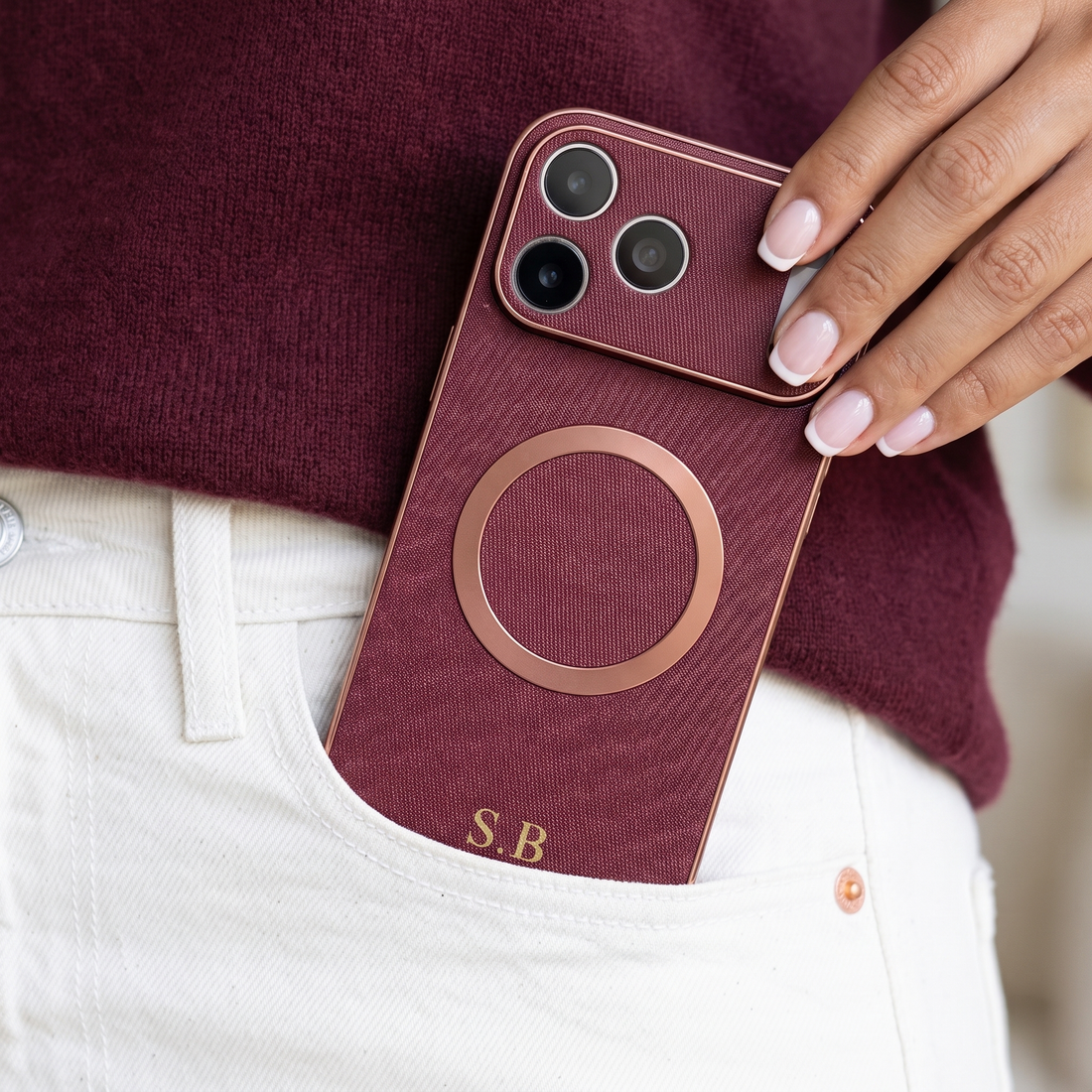 Burgundy Personalized Magnetic Leather iPhone Case