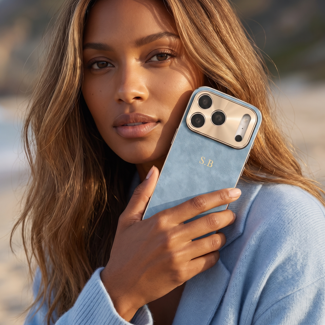 Light Blue Lambskin Leather Custom iPhone Case