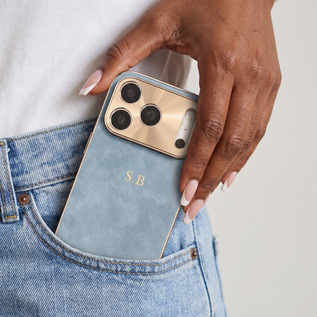 Light Blue Lambskin Leather Custom iPhone Case