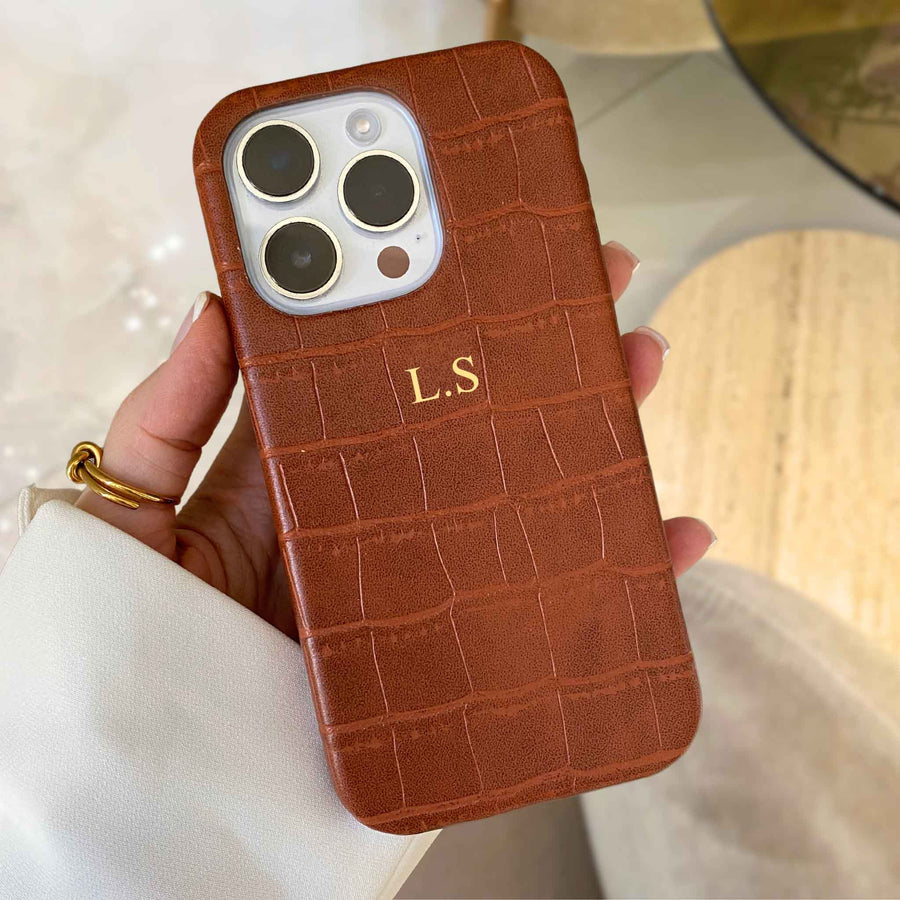 Brown Crocodile Texture Personalized Leather iPhone Case