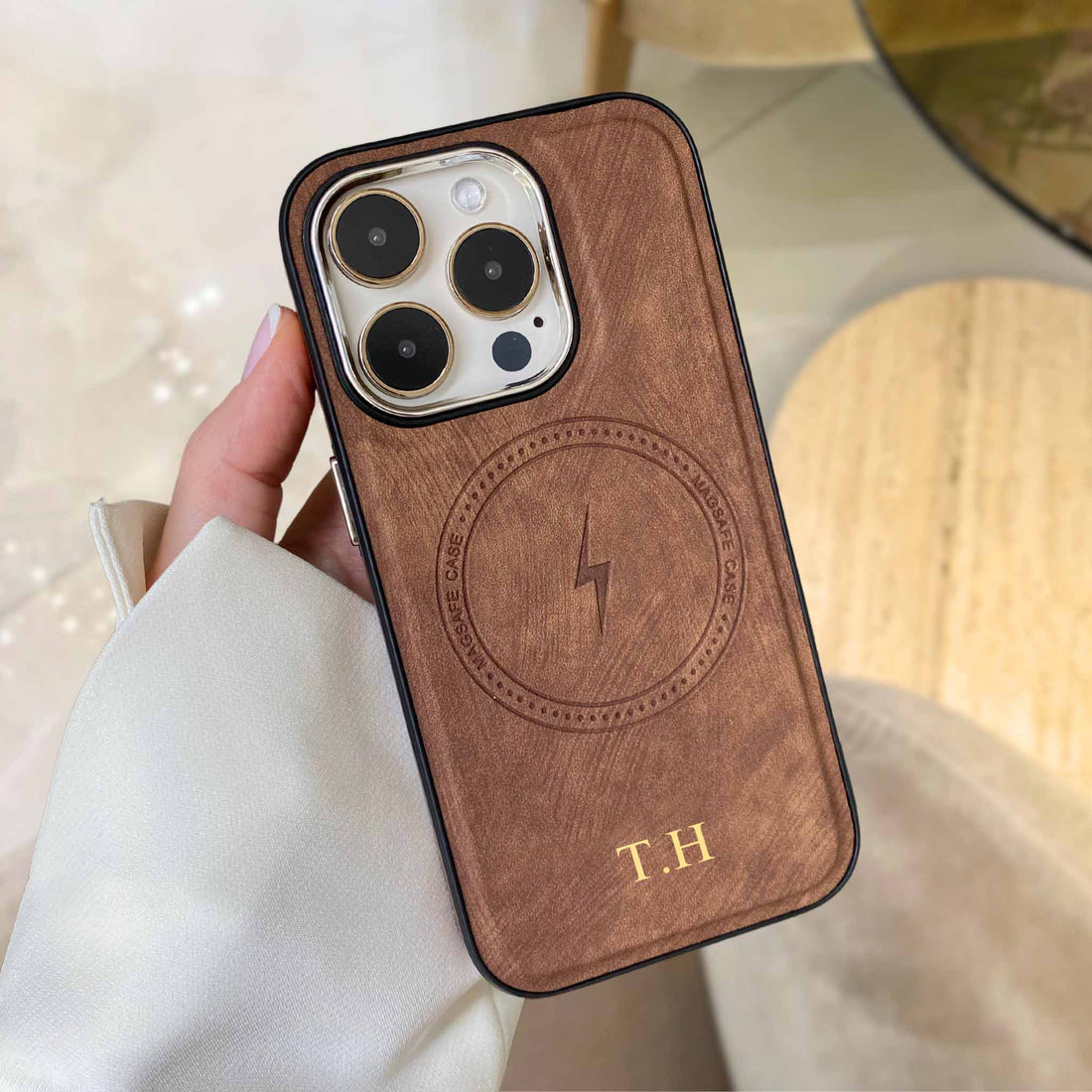 Brown Wireless Charge Monogram Leather iPhone Case