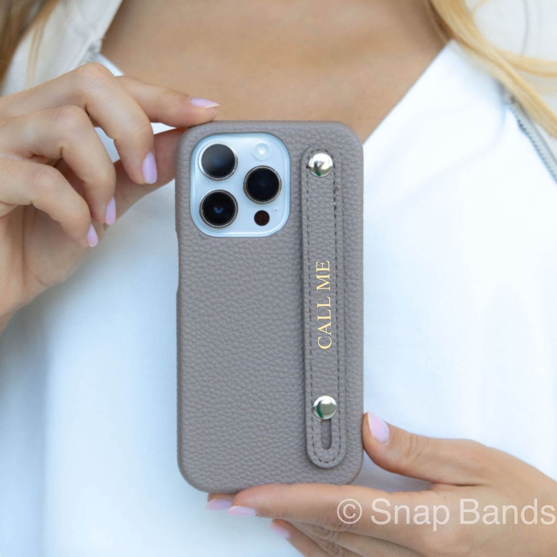 Khaki Elegant Textured Leather iPhone Case with Metal Accents - Snap Bands