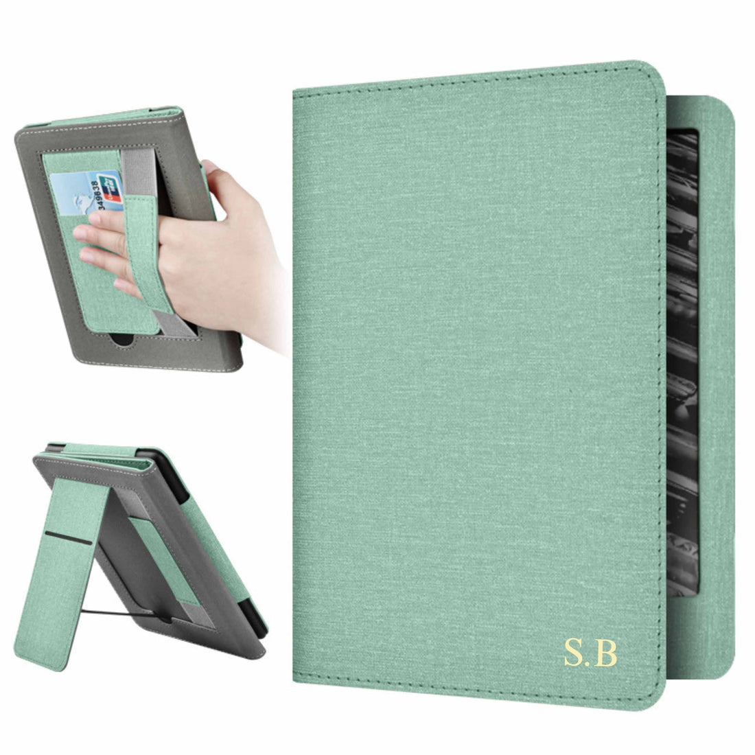 Light Green Leather Kindle Case with Hand Strap and Stand