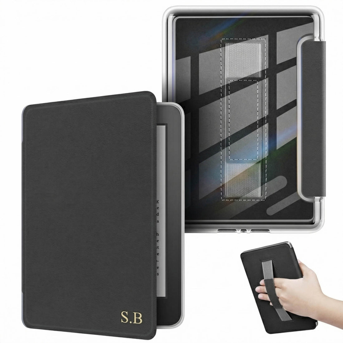 Black Leather Kindle Case with Hand Strap