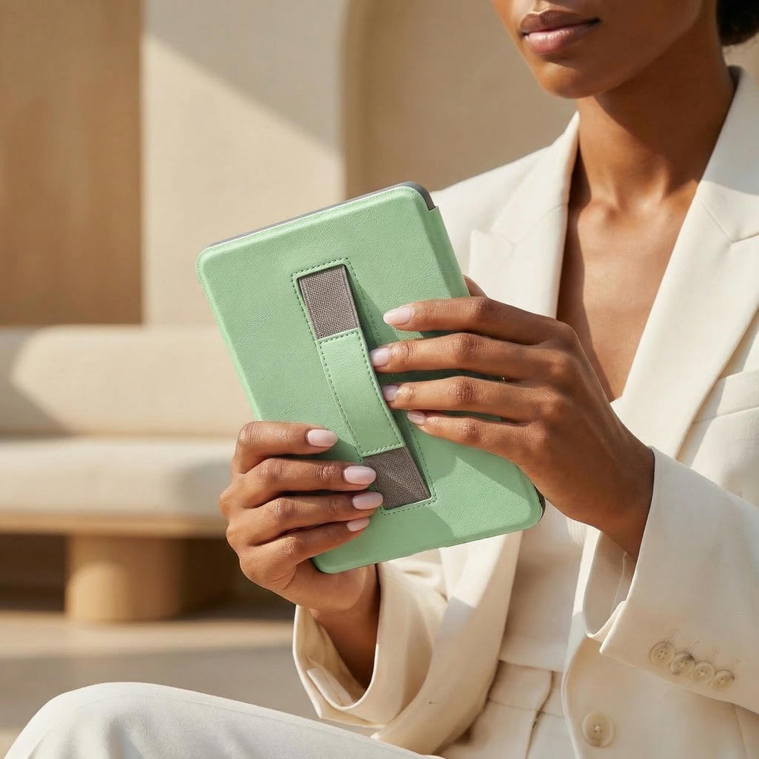 Light Green Leather Kindle Case with Hand Strap