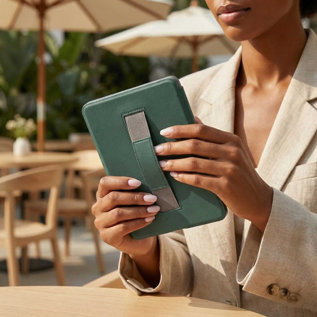 Green Leather Kindle Case with Hand Strap