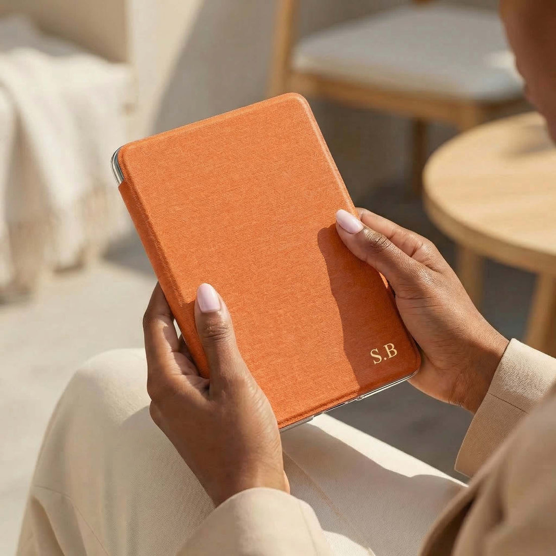Orange Textured Leather Kindle Case with Hand Strap