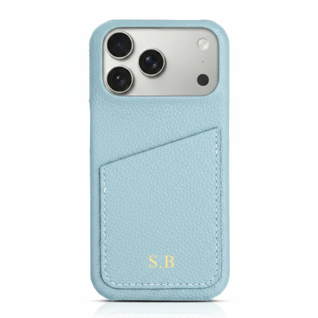 Light Blue Card Holder Leather iPhone Case - Snap Bands