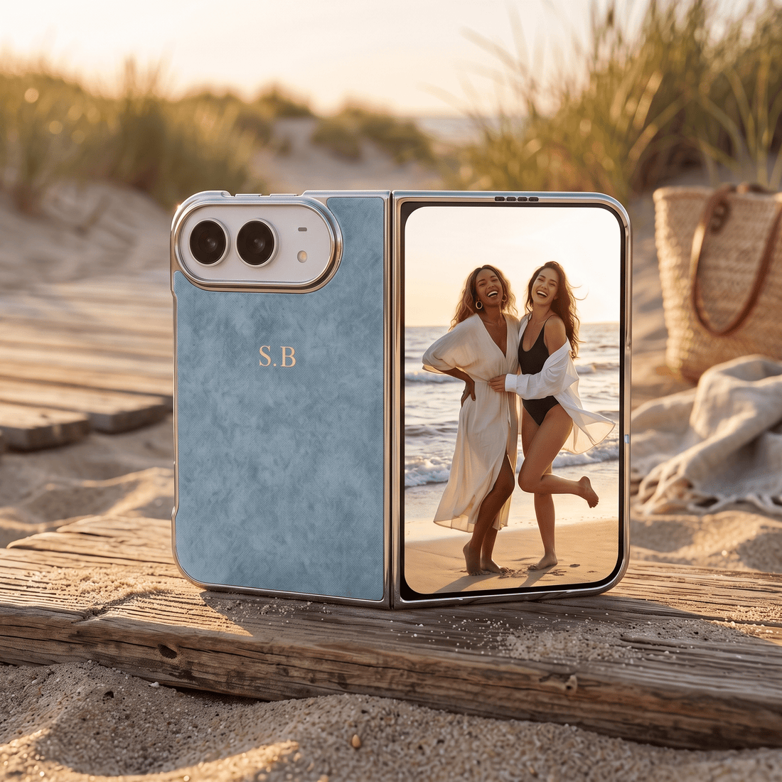 Light Blue Lambskin Leather Custom iPhone Duo Case - #Snap Bands#