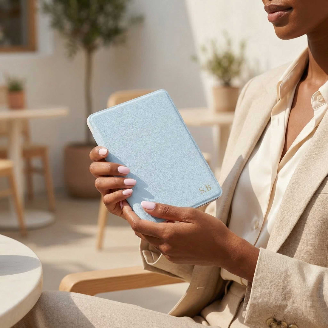 Light Blue Leather Kindle Case - Snap Bands