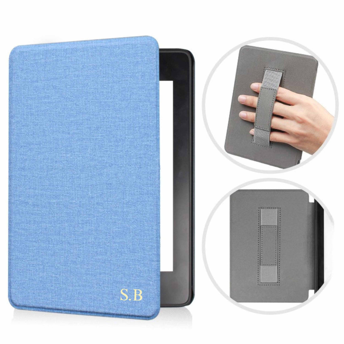 Light Blue Textured Leather Kindle Case with Hand Strap - Snap Bands