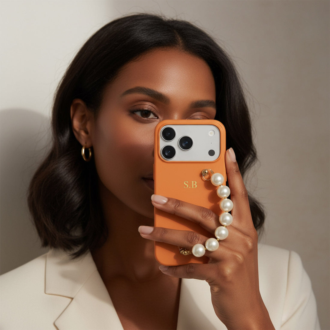 Orange Leather Magnetic iPhone Case with Pearl Strap - Snap Bands