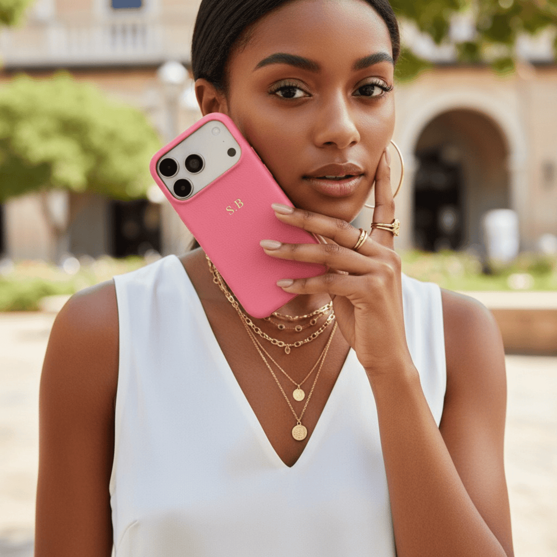 Pink Leather iPhone Case - Snap Bands