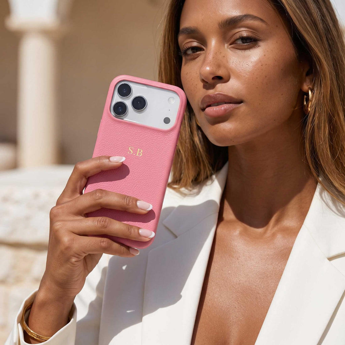 Pink Leather iPhone Case - Snap Bands