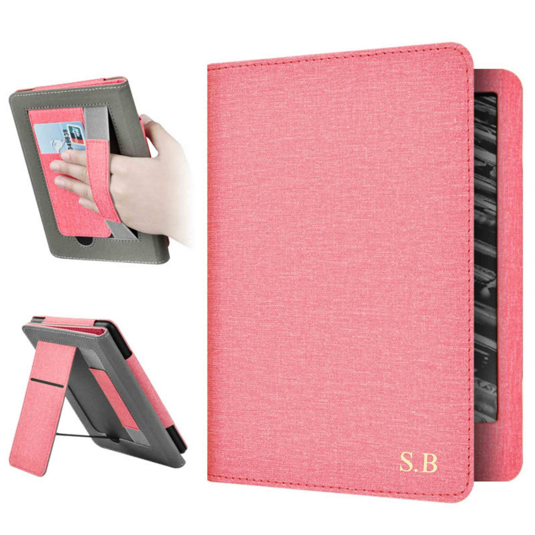 Pink Leather Kindle Case with Hand Strap and Stand - Snap Bands