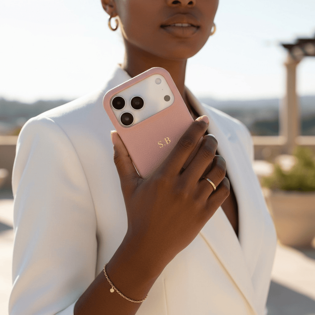 Pink Pebble Leather iPhone Case - Snap Bands