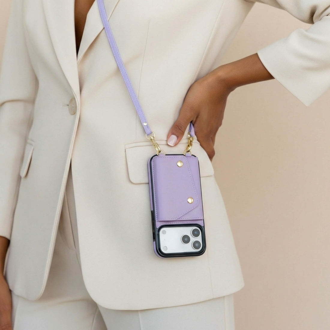 Purple Leather iPhone Case With Two Straps - Snap Bands