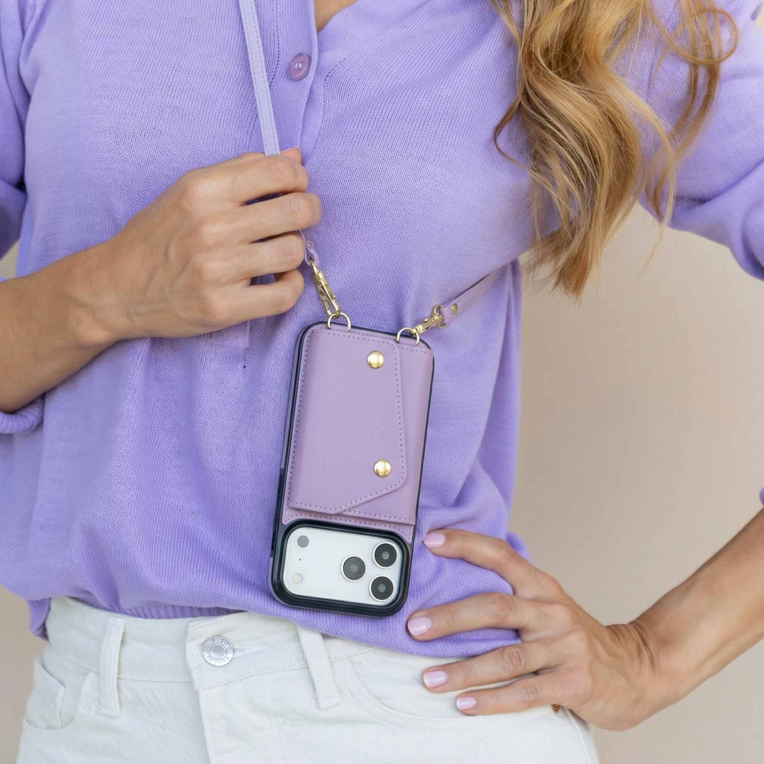 Purple Leather iPhone Case With Two Straps - Snap Bands