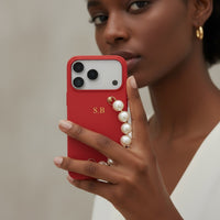 Red Leather Magnetic iPhone Case with Pearl Strap - Snap Bands