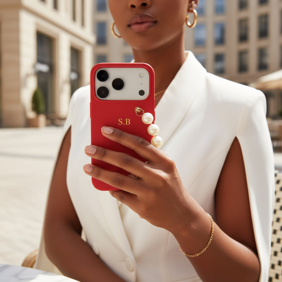 Red Leather Magnetic iPhone Case with Pearl Strap - Snap Bands