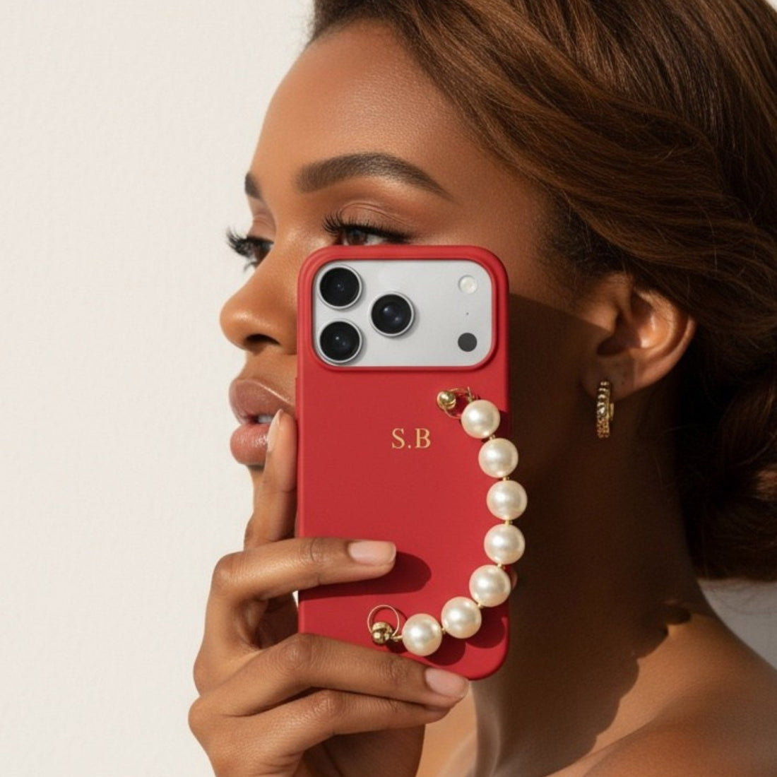 Red Leather Magnetic iPhone Case with Pearl Strap - Snap Bands
