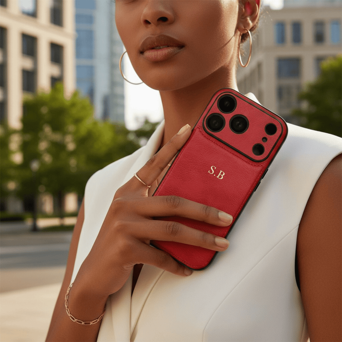 Red Personalized Monogram Leather iPhone Case - Snap Bands