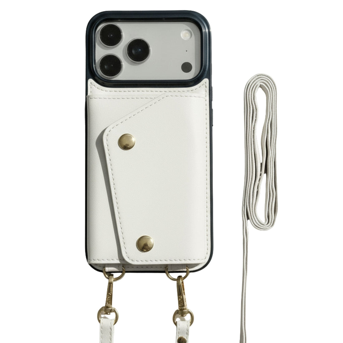 White Leather iPhone Case With Two Straps - Snap Bands