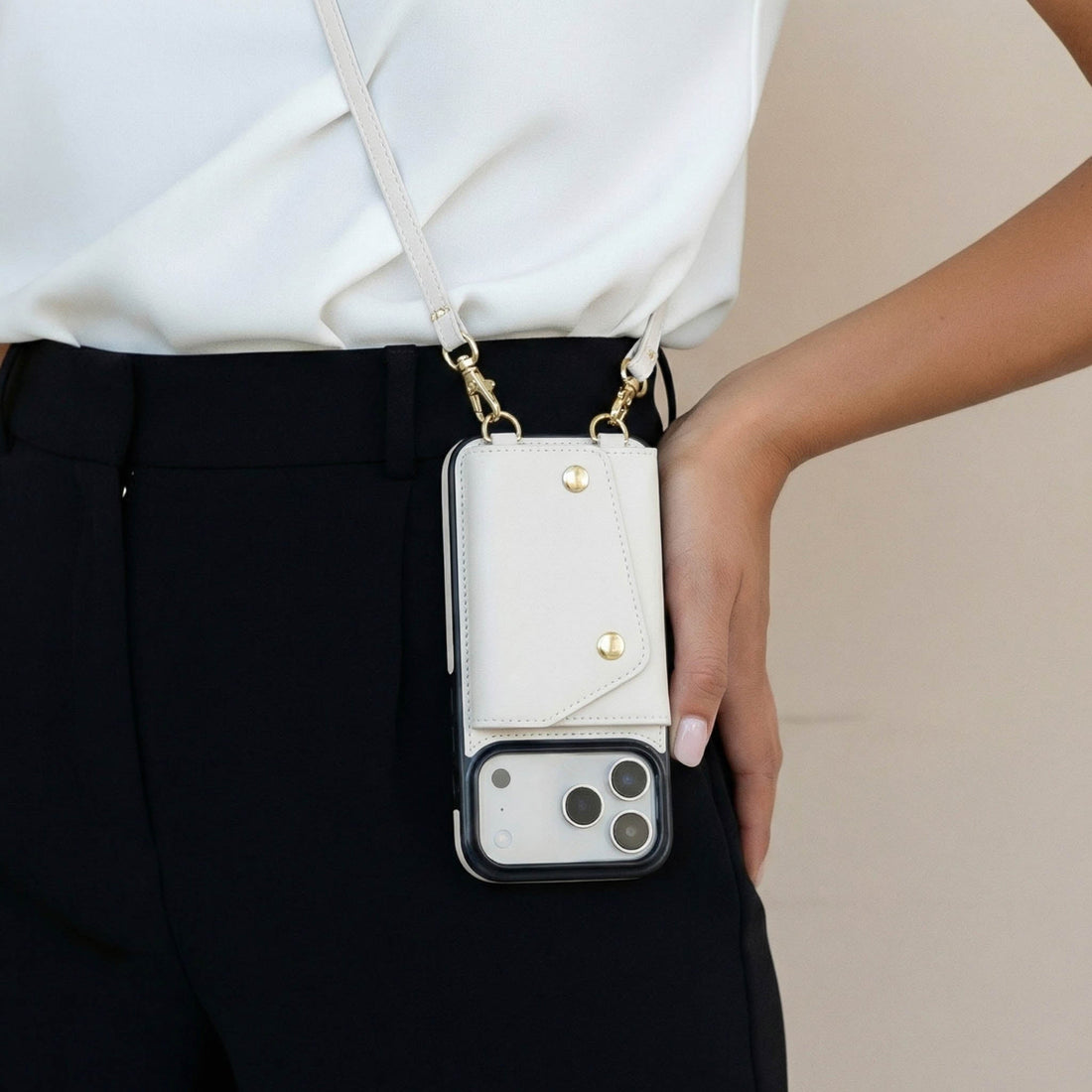 White Leather iPhone Case With Two Straps - Snap Bands