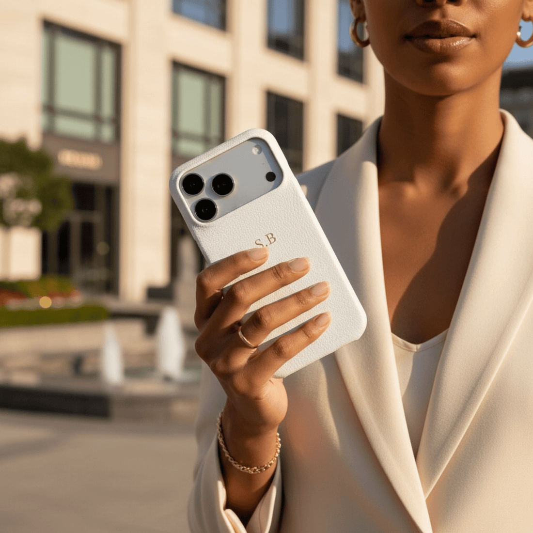 White Pebble Leather iPhone Case - Snap Bands