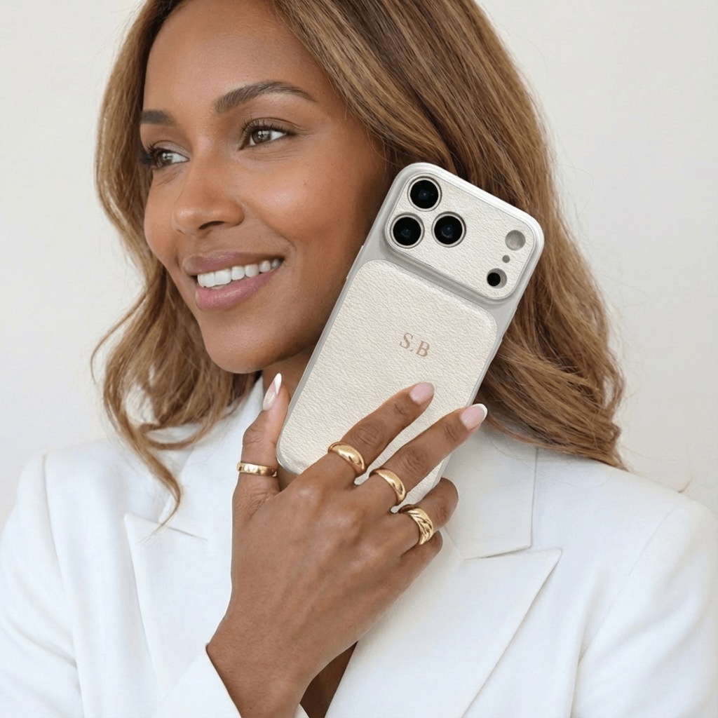 White Personalized iPhone Case With Leather - Snap Bands