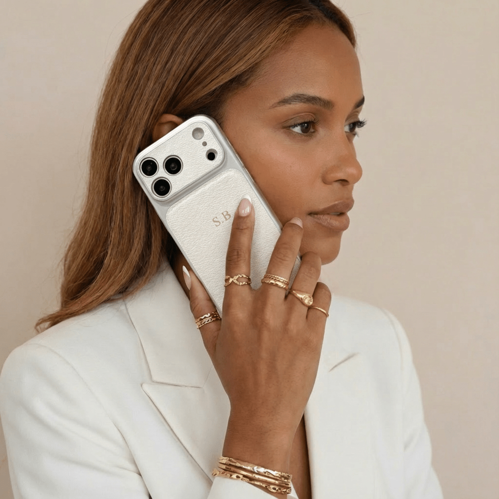 White Personalized iPhone Case With Leather - Snap Bands
