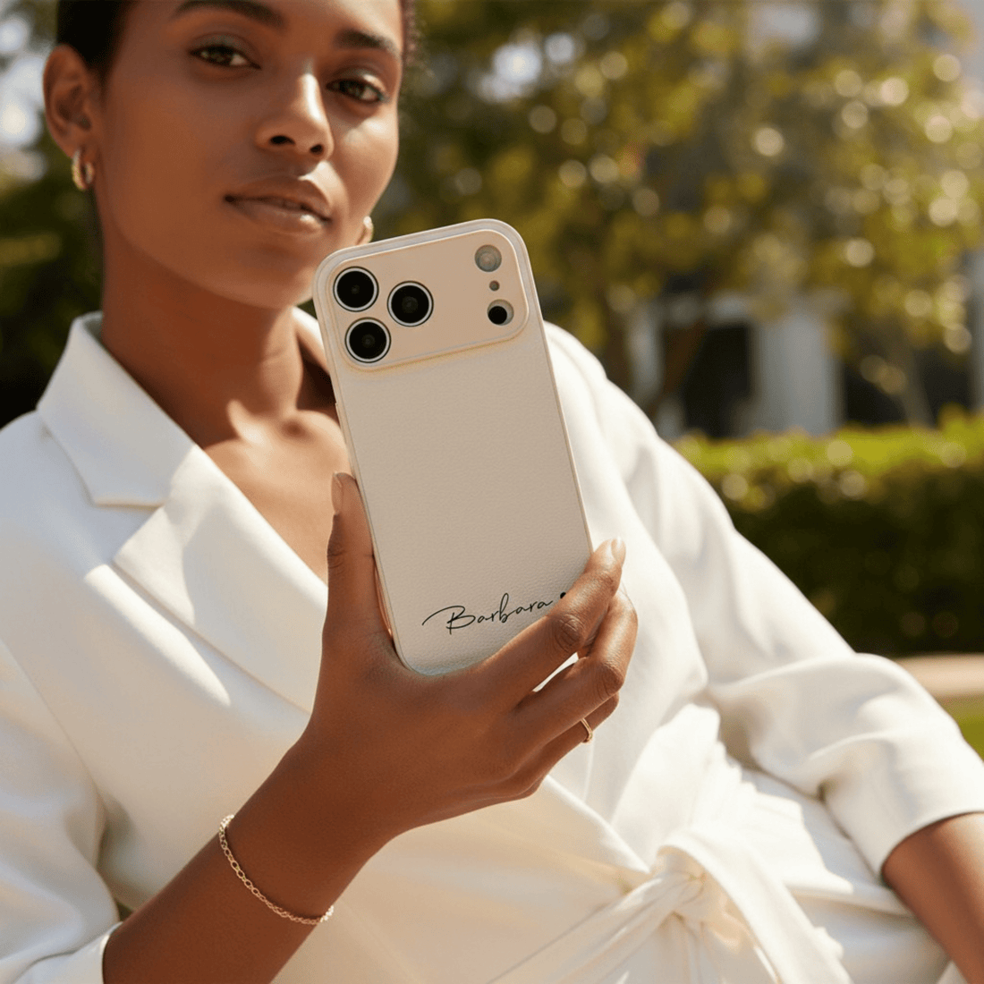 White Personalized Leather iPhone Case - Snap Bands
