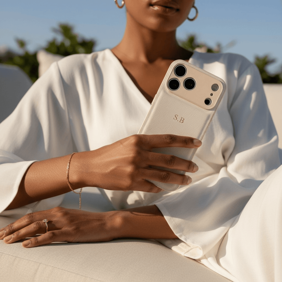 White Personalized Leather iPhone Case - Snap Bands