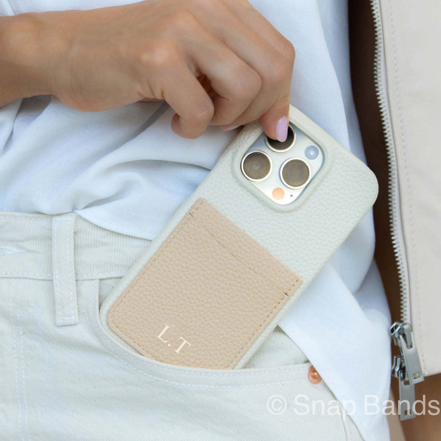 White Personalized Leather iPhone Case with Card Holder - Snap Bands
