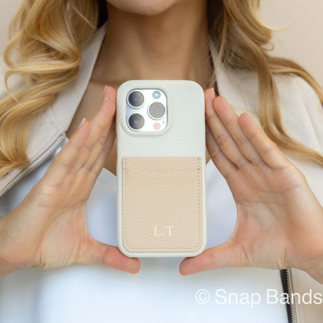 White Personalized Leather iPhone Case with Card Holder - Snap Bands