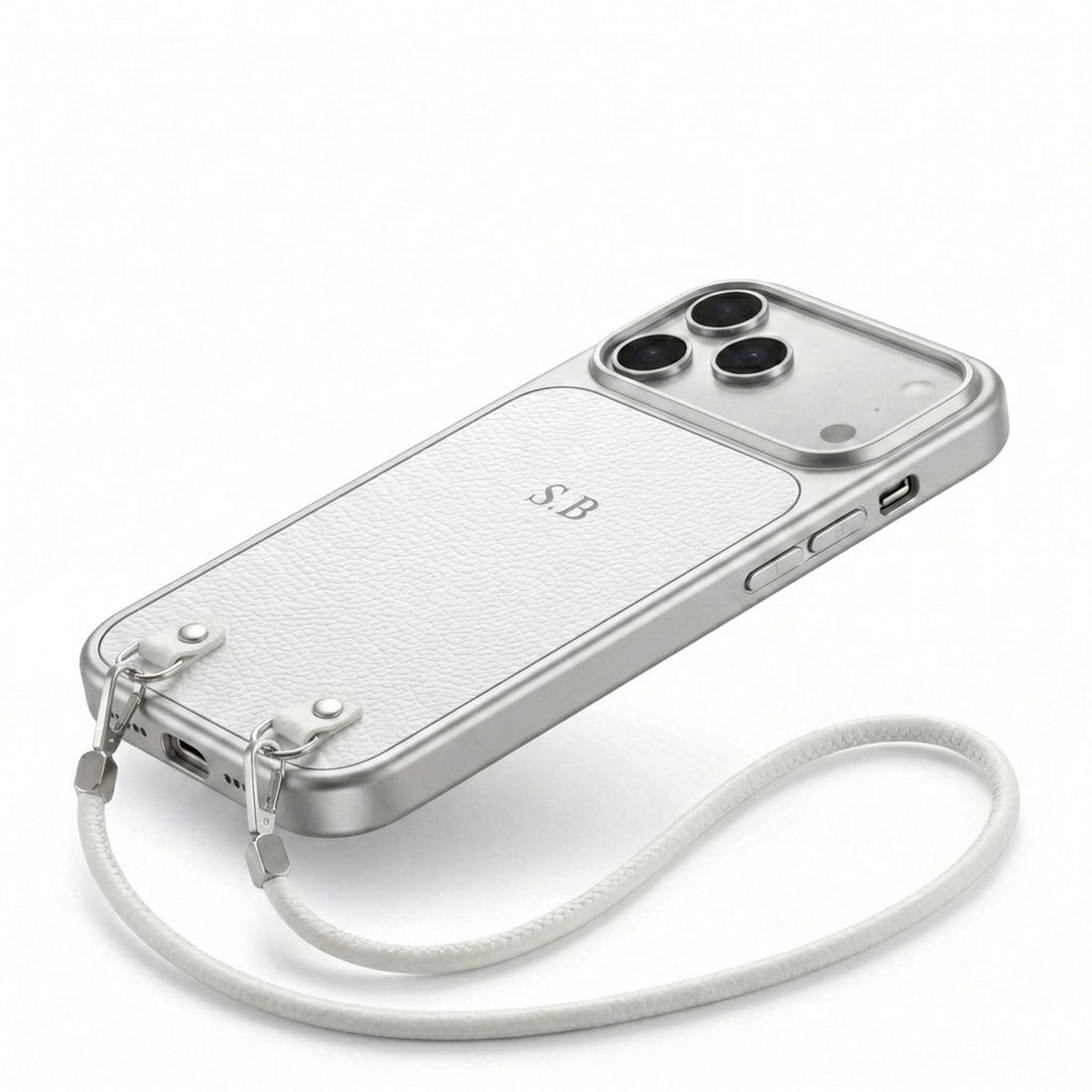 White Personalized Leather iPhone Case with Strap Handle - Snap Bands