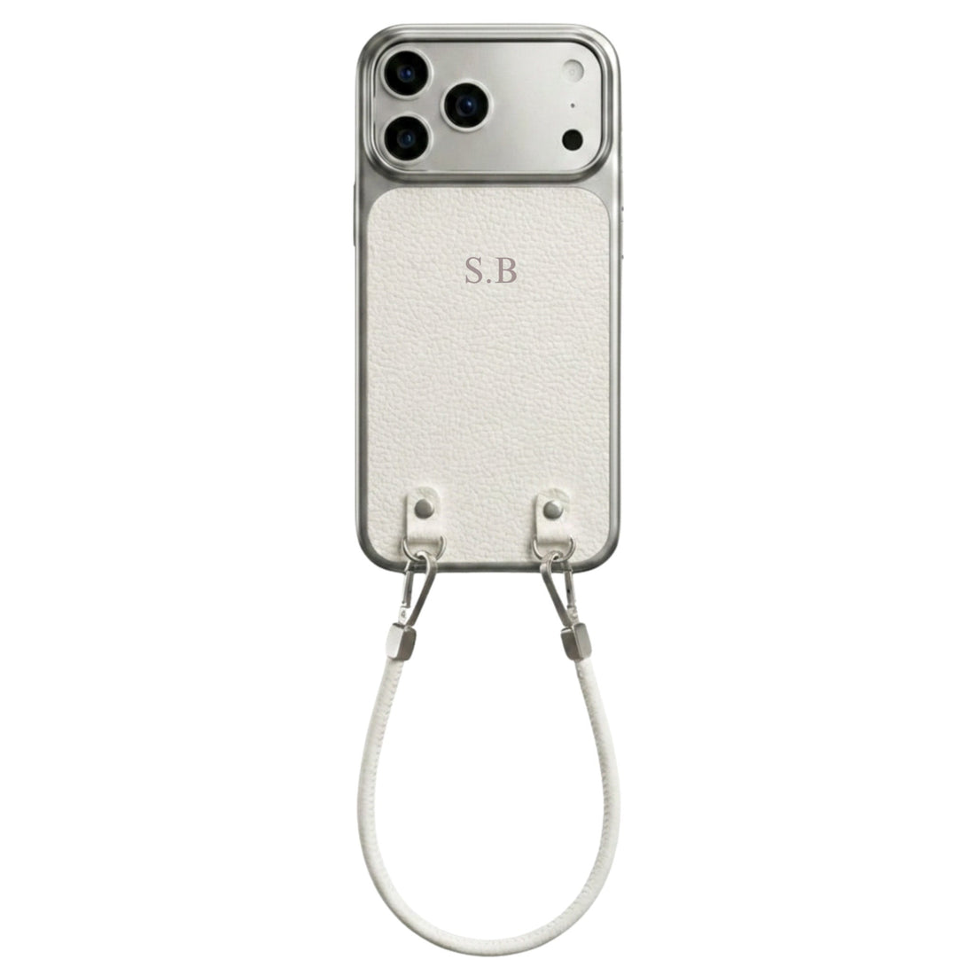 White Personalized Leather iPhone Case with Strap Handle - Snap Bands